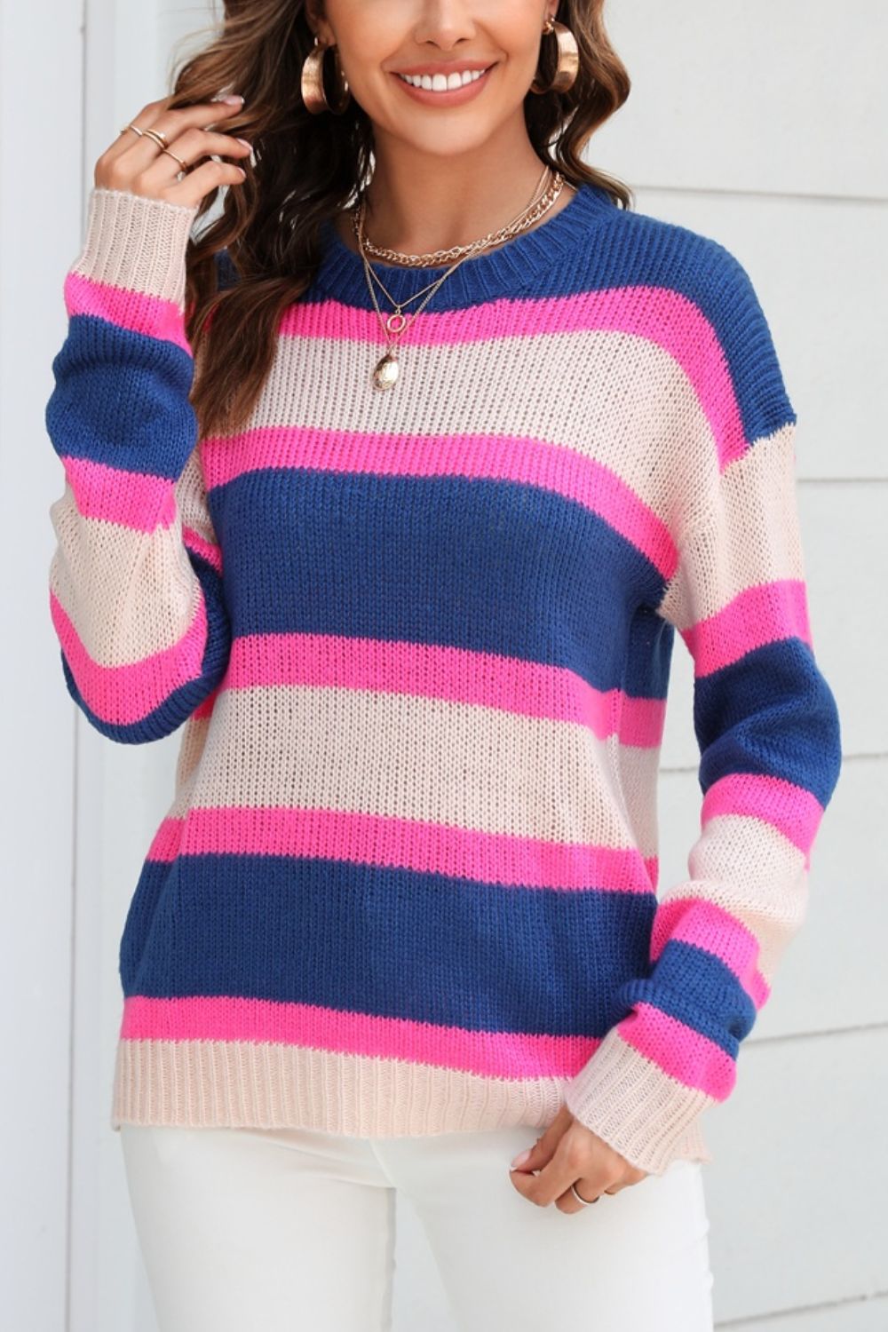 Angel Wings Color Block Round Neck Dropped Shoulder Sweater - Loulou Boutique