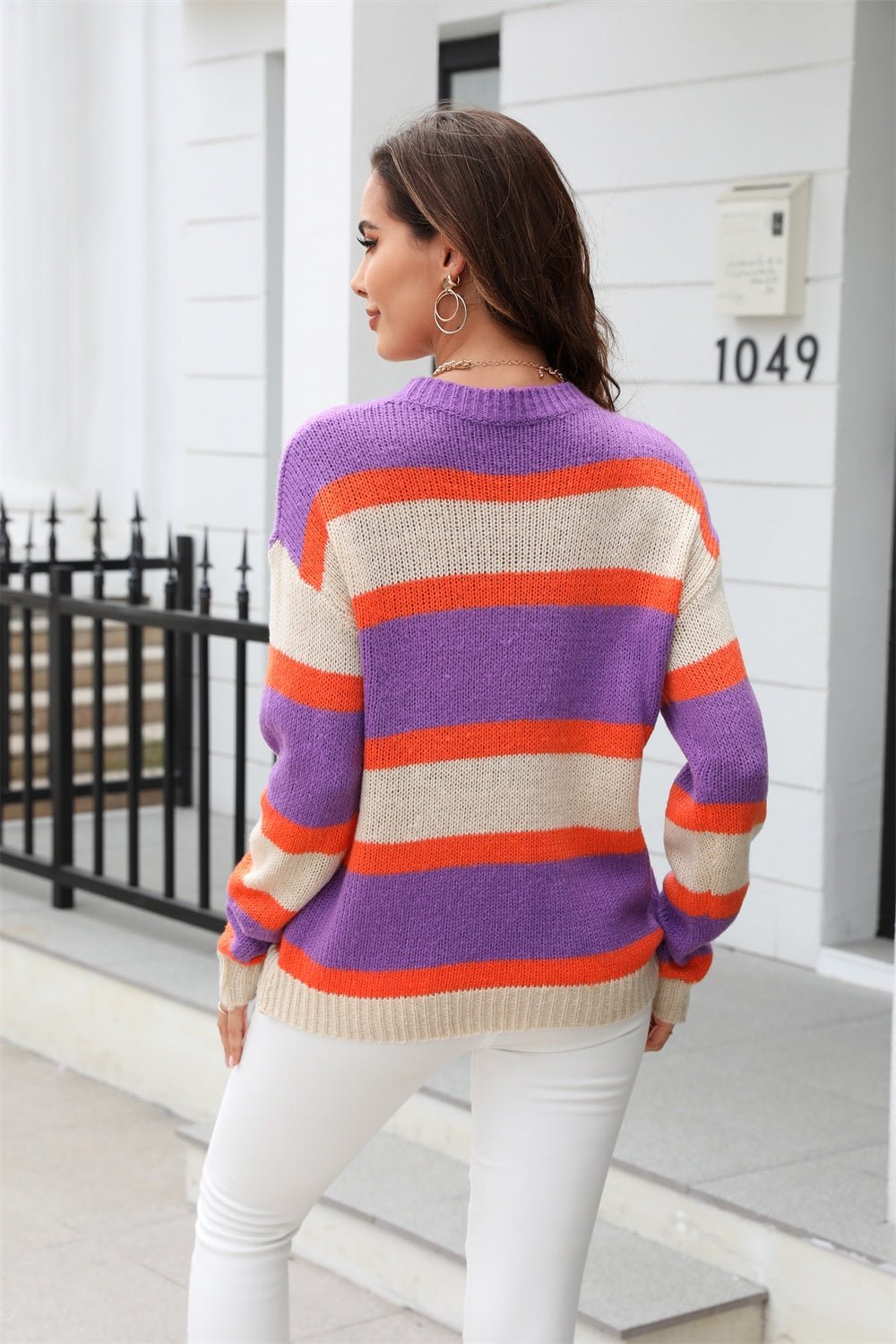Angel Wings Color Block Round Neck Dropped Shoulder Sweater - Loulou Boutique