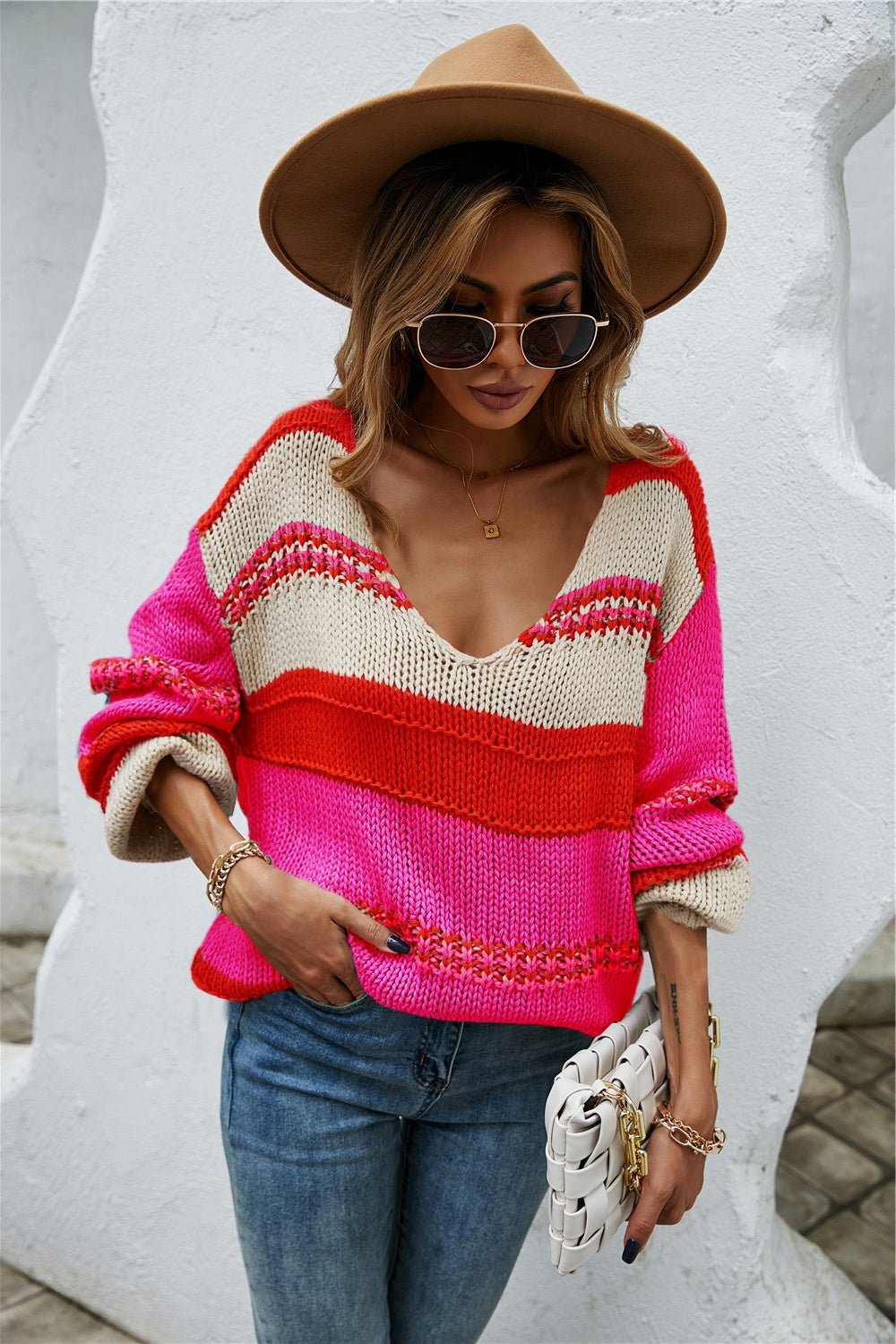 Angel Wings Color Block V - Neck Dropped Shoulder Sweater - Loulou Boutique