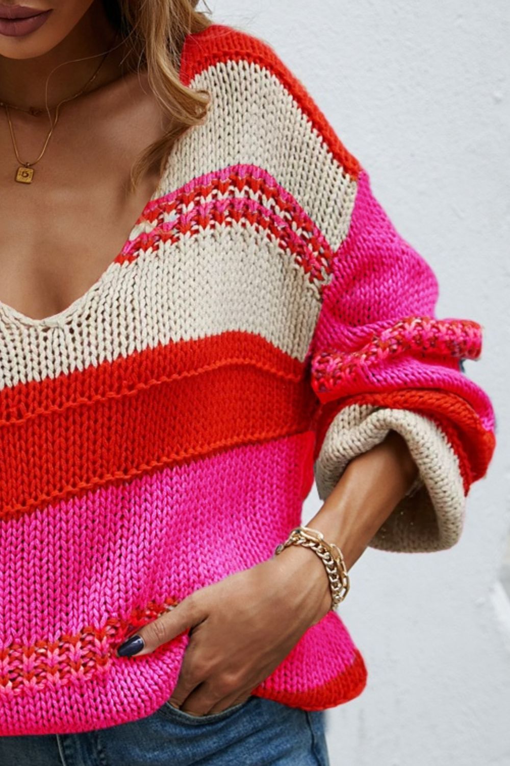 Angel Wings Color Block V - Neck Dropped Shoulder Sweater - Loulou Boutique