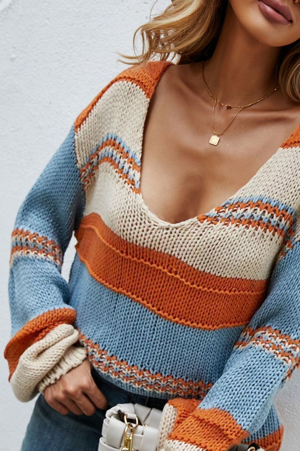 Angel Wings Color Block V - Neck Dropped Shoulder Sweater - Loulou Boutique