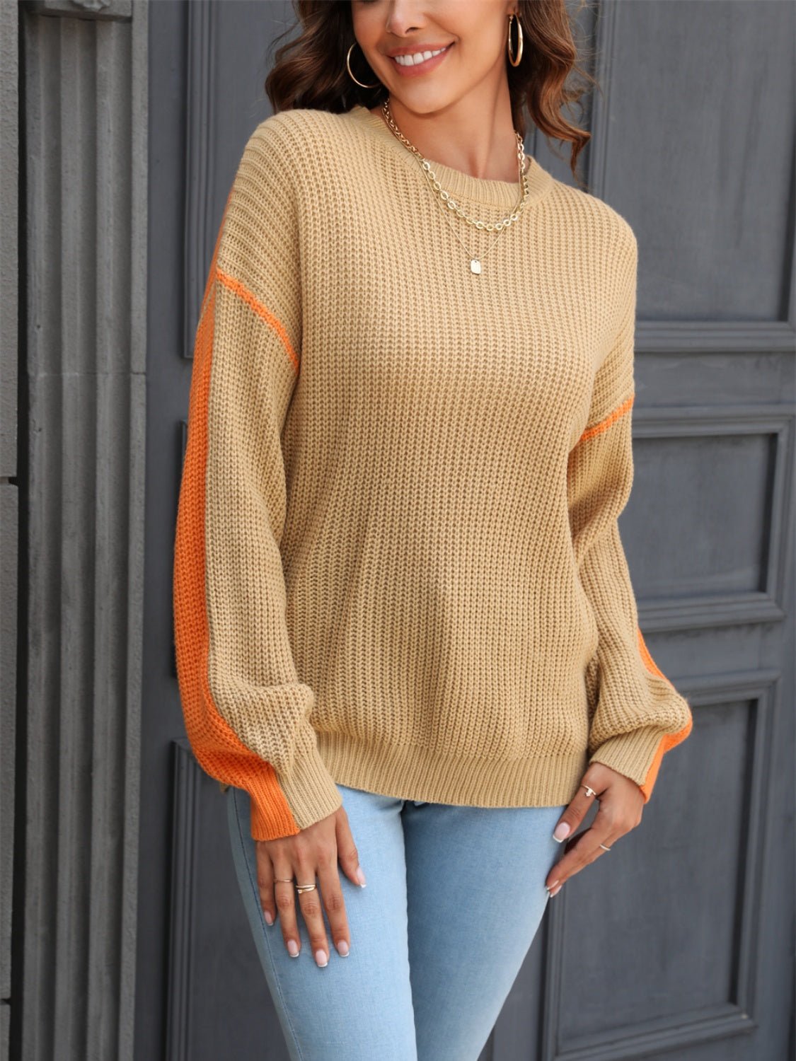 Angel Wings Contrast Round Neck Dropped Shoulder Sweater - Loulou Boutique
