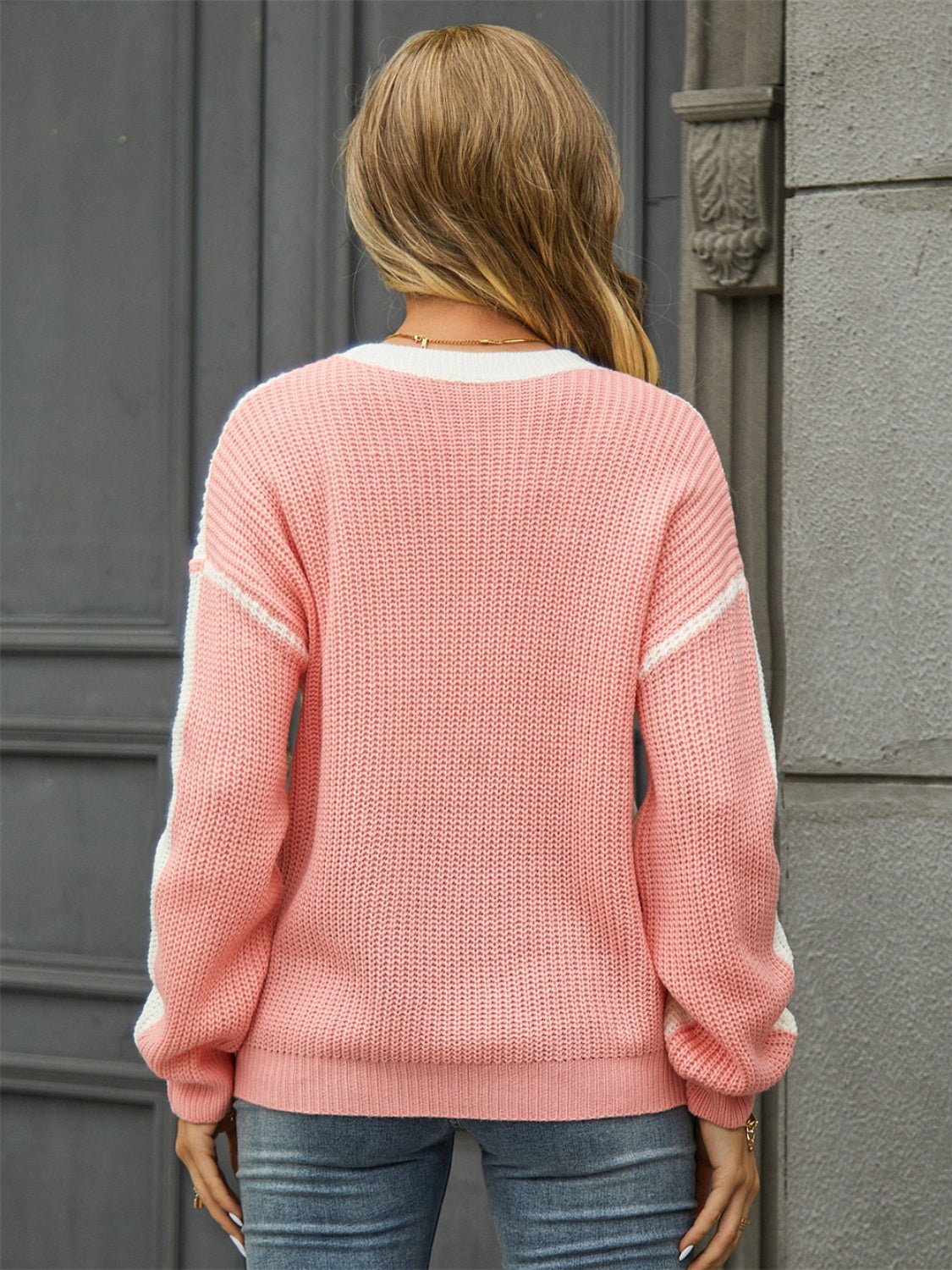 Angel Wings Contrast Round Neck Dropped Shoulder Sweater - Loulou Boutique