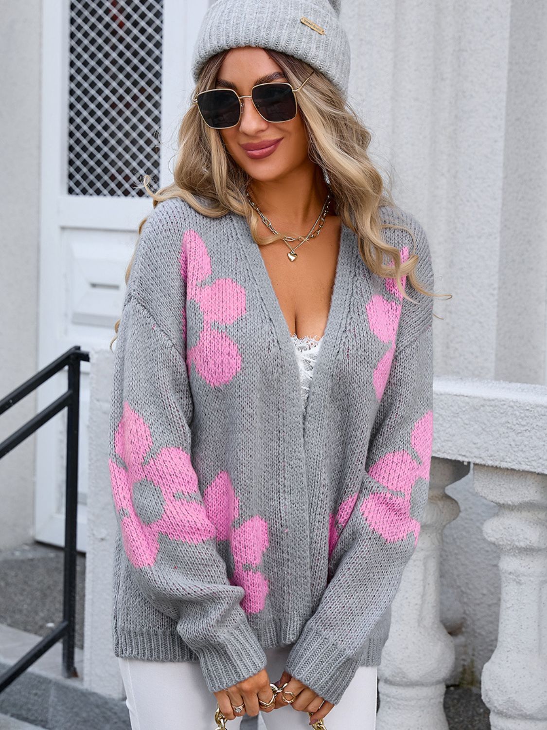 Angel Wings Flower Open Front Long Sleeve Cardigan - Loulou Boutique