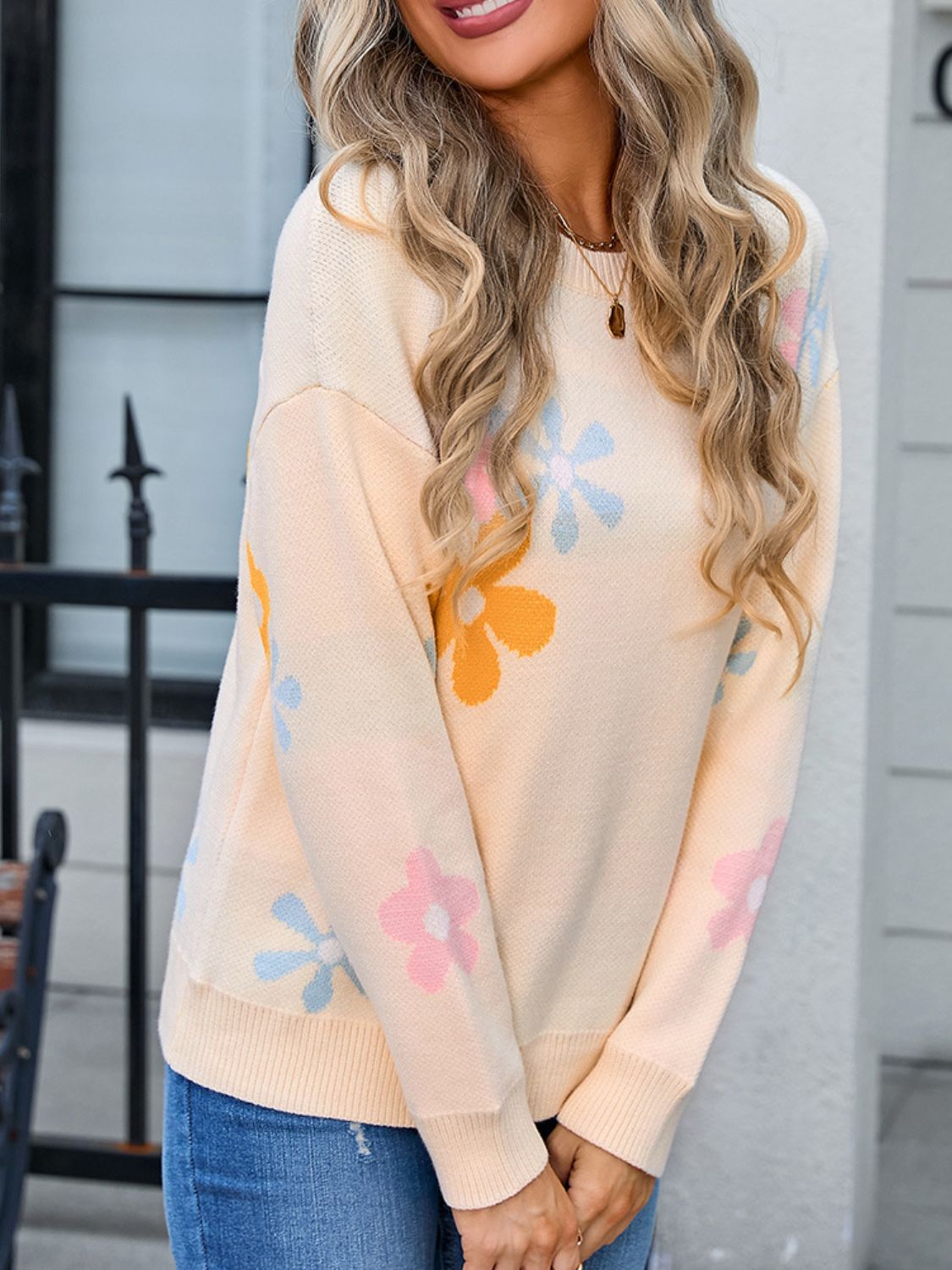 Angel Wings Flower Round Neck Dropped Shoulder Sweater - Loulou Boutique