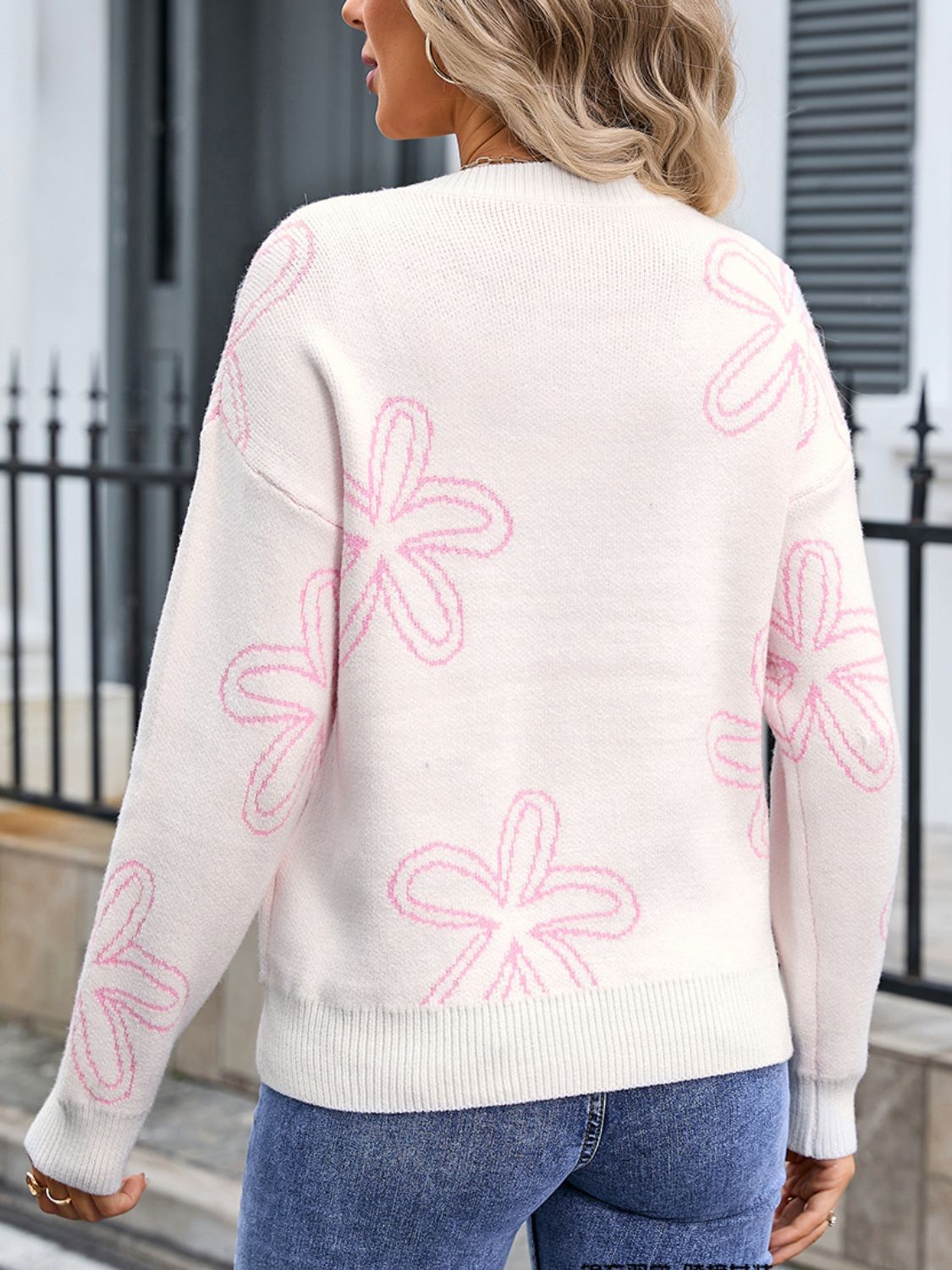 Angel Wings Flower Round Neck Dropped Shoulder Sweater - Loulou Boutique