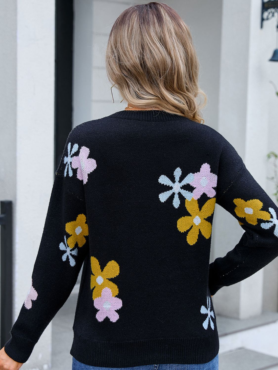 Angel Wings Flower Round Neck Dropped Shoulder Sweater - Loulou Boutique