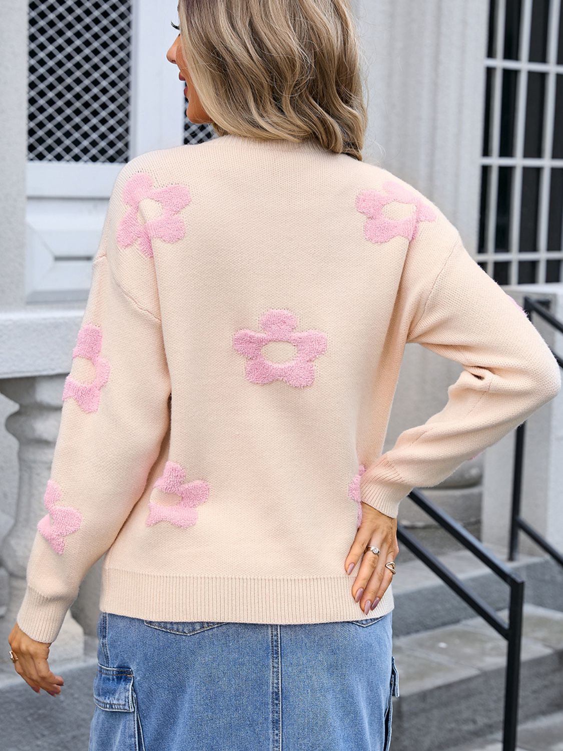 Angel Wings Flower Round Neck Long Sleeve Sweater - Loulou Boutique