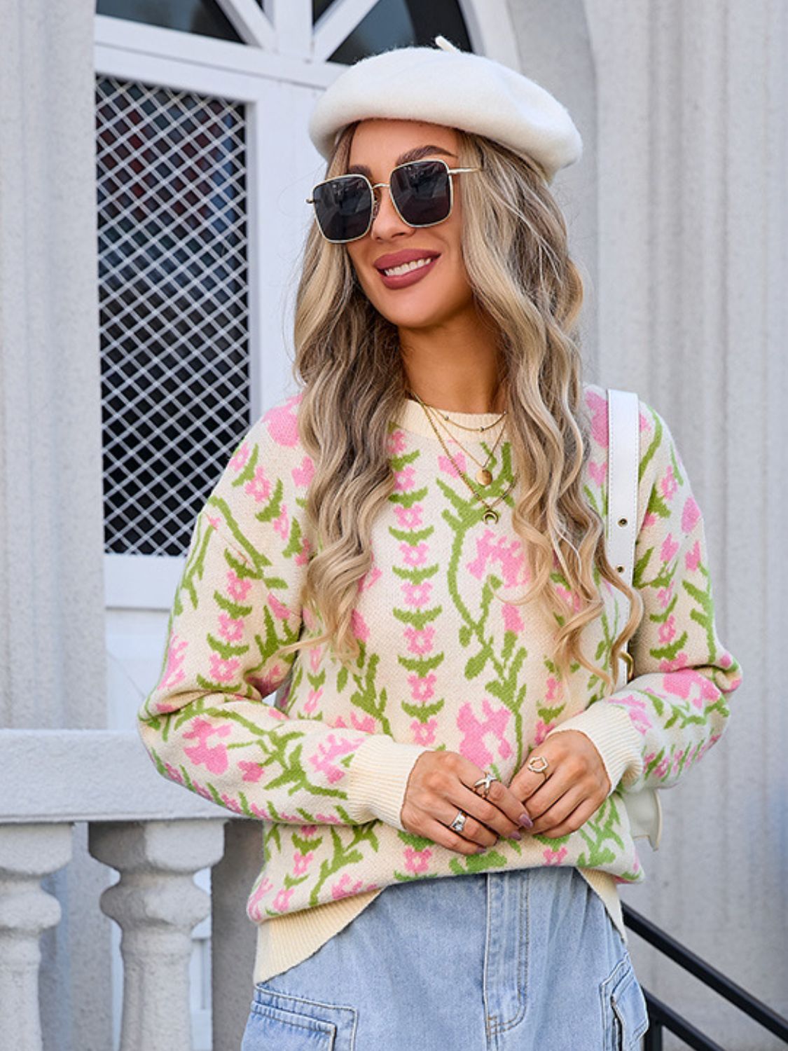Angel Wings Flower Round Neck Long Sleeve Sweater - Loulou Boutique