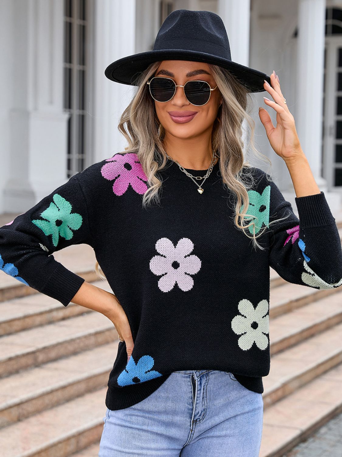 Angel Wings Flower Round Neck Long Sleeve Sweater - Loulou Boutique