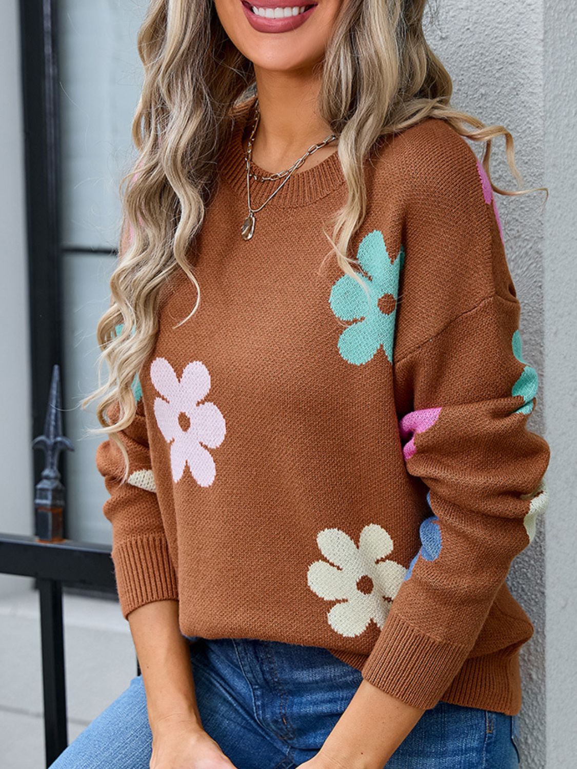 Angel Wings Flower Round Neck Long Sleeve Sweater - Loulou Boutique