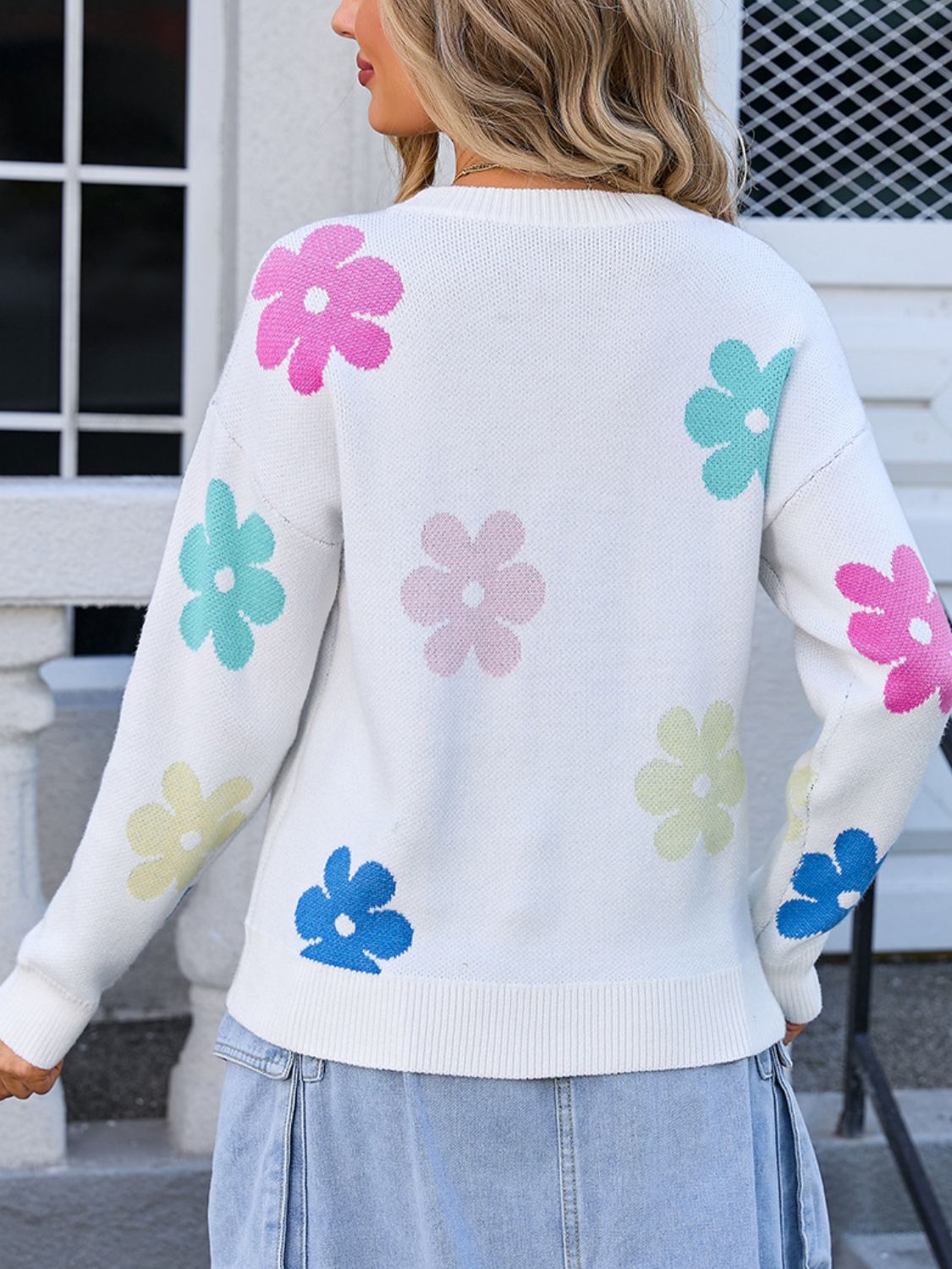 Angel Wings Flower Round Neck Long Sleeve Sweater - Loulou Boutique