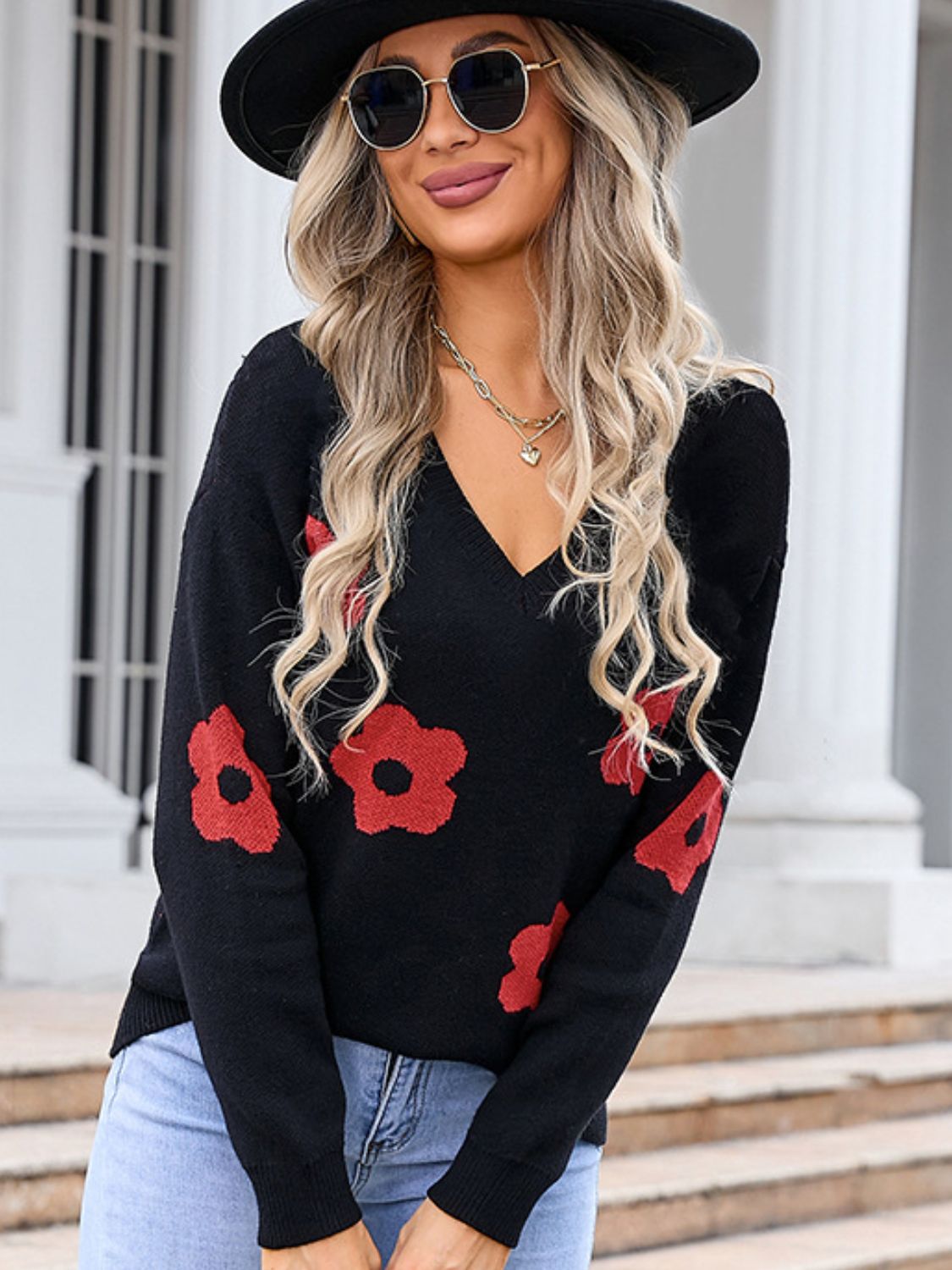 Angel Wings Flower V - Neck Long Sleeve Sweater - Loulou Boutique