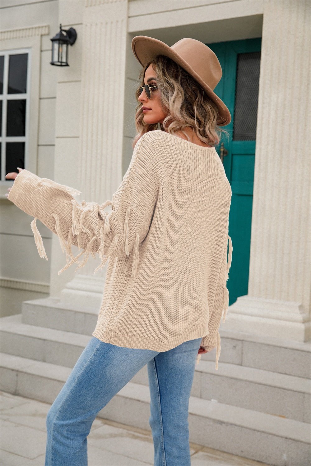Angel Wings Fringe Round Neck Dropped Shoulder Sweater - Loulou Boutique