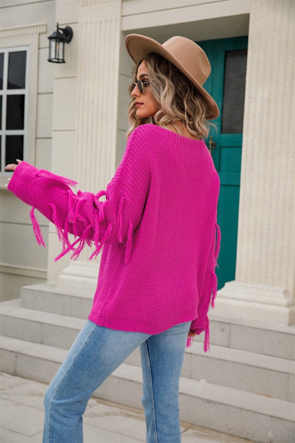 Angel Wings Fringe Round Neck Dropped Shoulder Sweater - Loulou Boutique