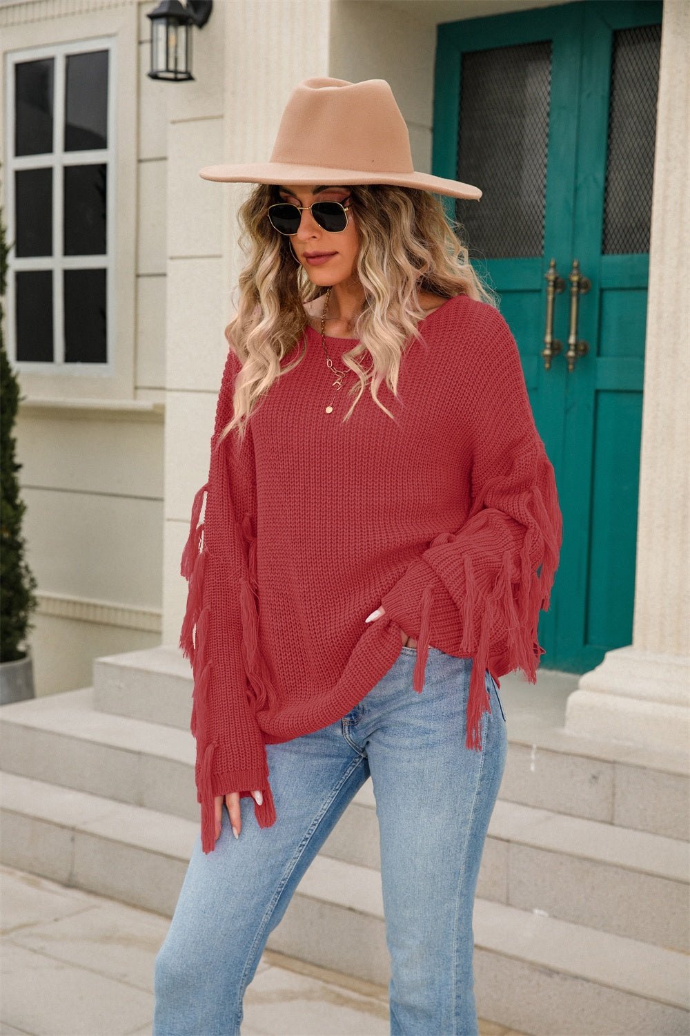 Angel Wings Fringe Round Neck Dropped Shoulder Sweater - Loulou Boutique