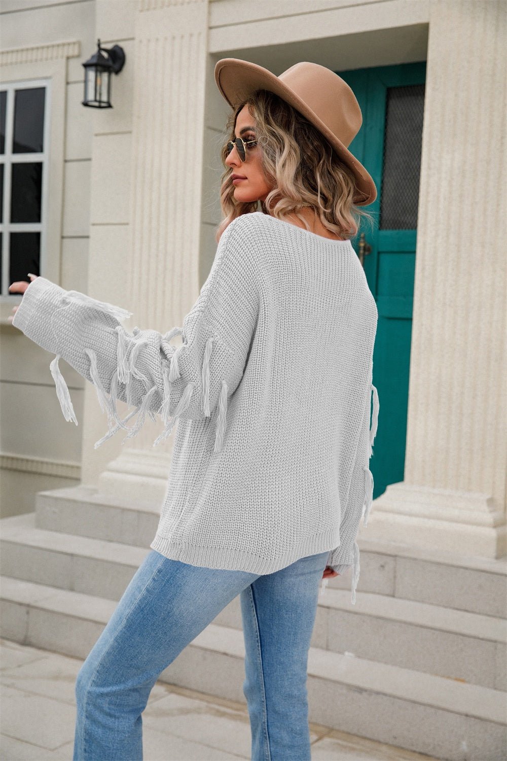 Angel Wings Fringe Round Neck Dropped Shoulder Sweater - Loulou Boutique