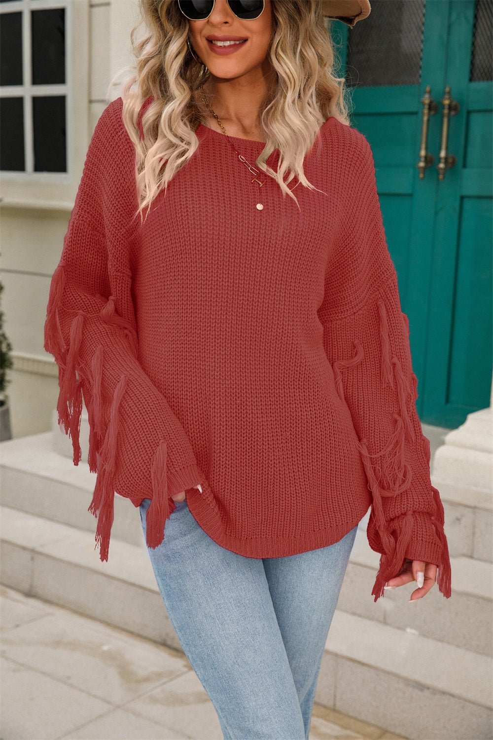 Angel Wings Fringe Round Neck Dropped Shoulder Sweater - Loulou Boutique
