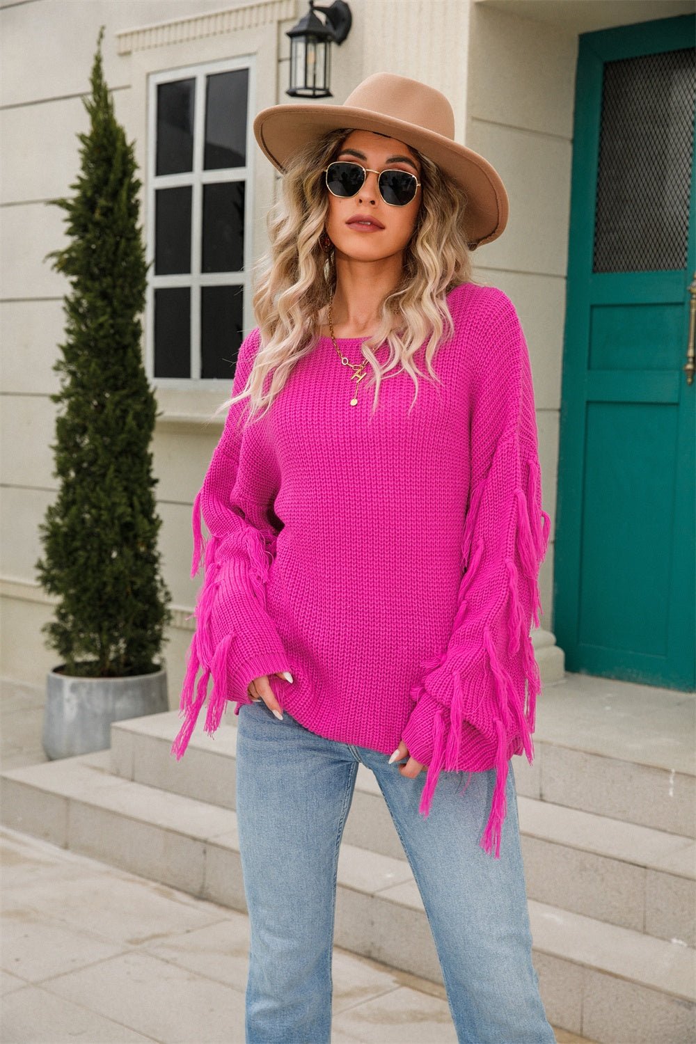 Angel Wings Fringe Round Neck Dropped Shoulder Sweater - Loulou Boutique