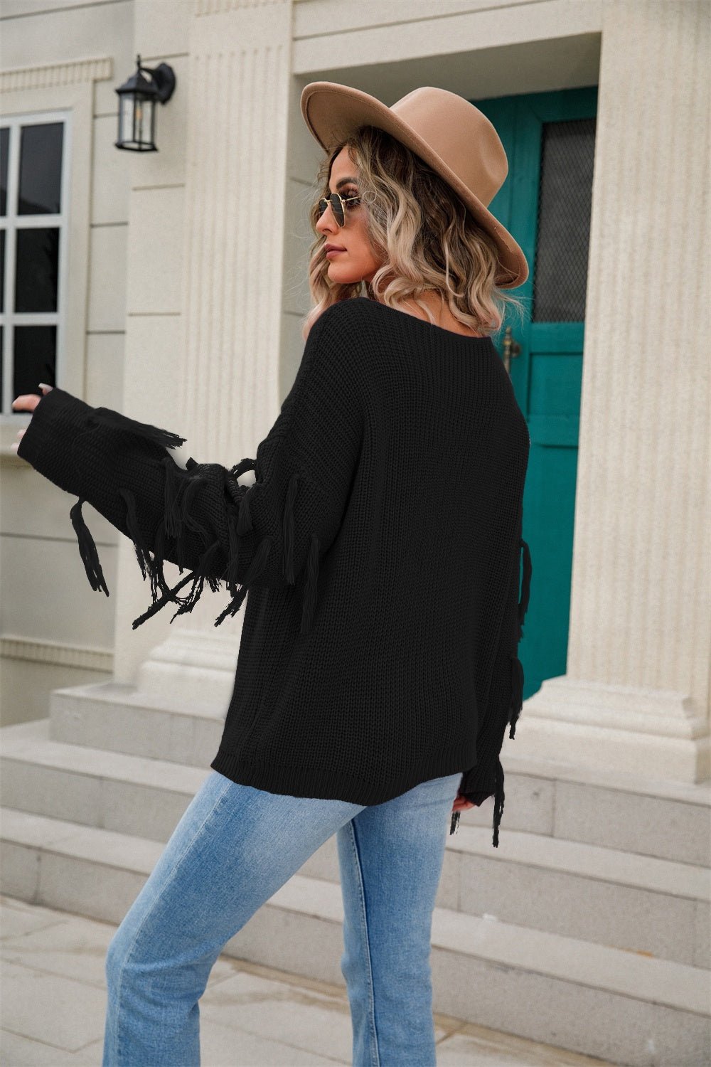 Angel Wings Fringe Round Neck Dropped Shoulder Sweater - Loulou Boutique