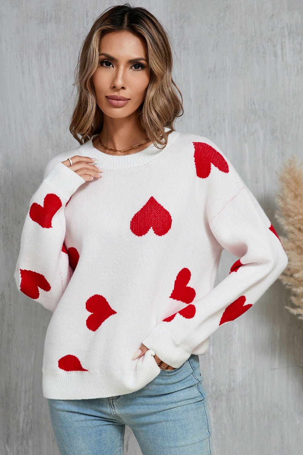 Angel Wings Heart Round Neck Dropped Shoulder Sweater - Loulou Boutique
