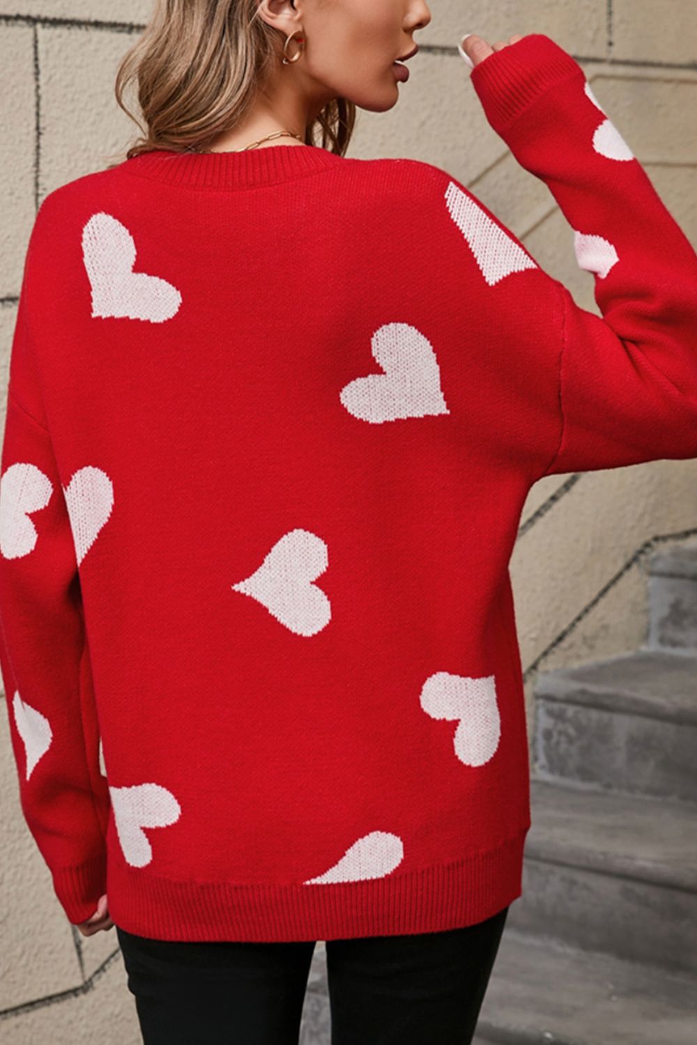 Angel Wings Heart Round Neck Dropped Shoulder Sweater - Loulou Boutique