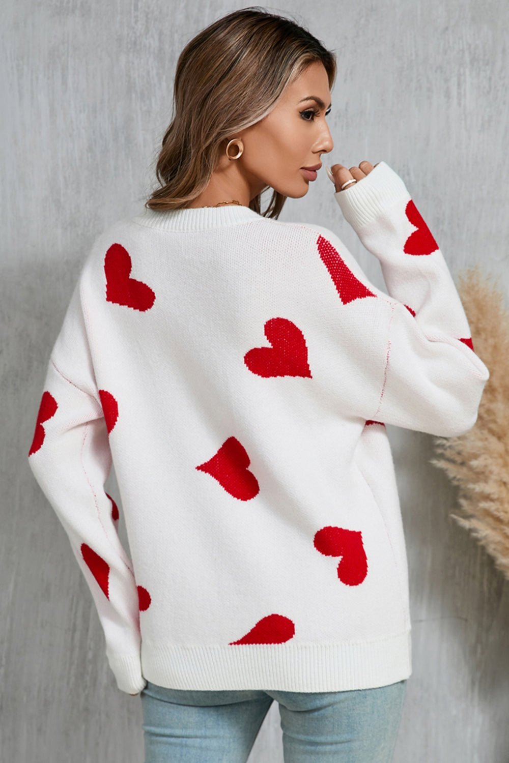 Angel Wings Heart Round Neck Dropped Shoulder Sweater - Loulou Boutique