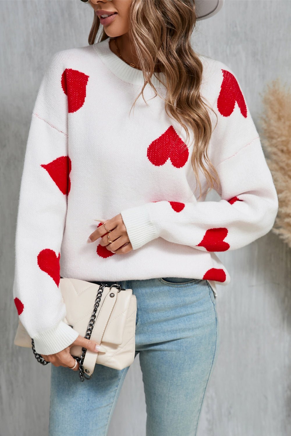 Angel Wings Heart Round Neck Dropped Shoulder Sweater - Loulou Boutique