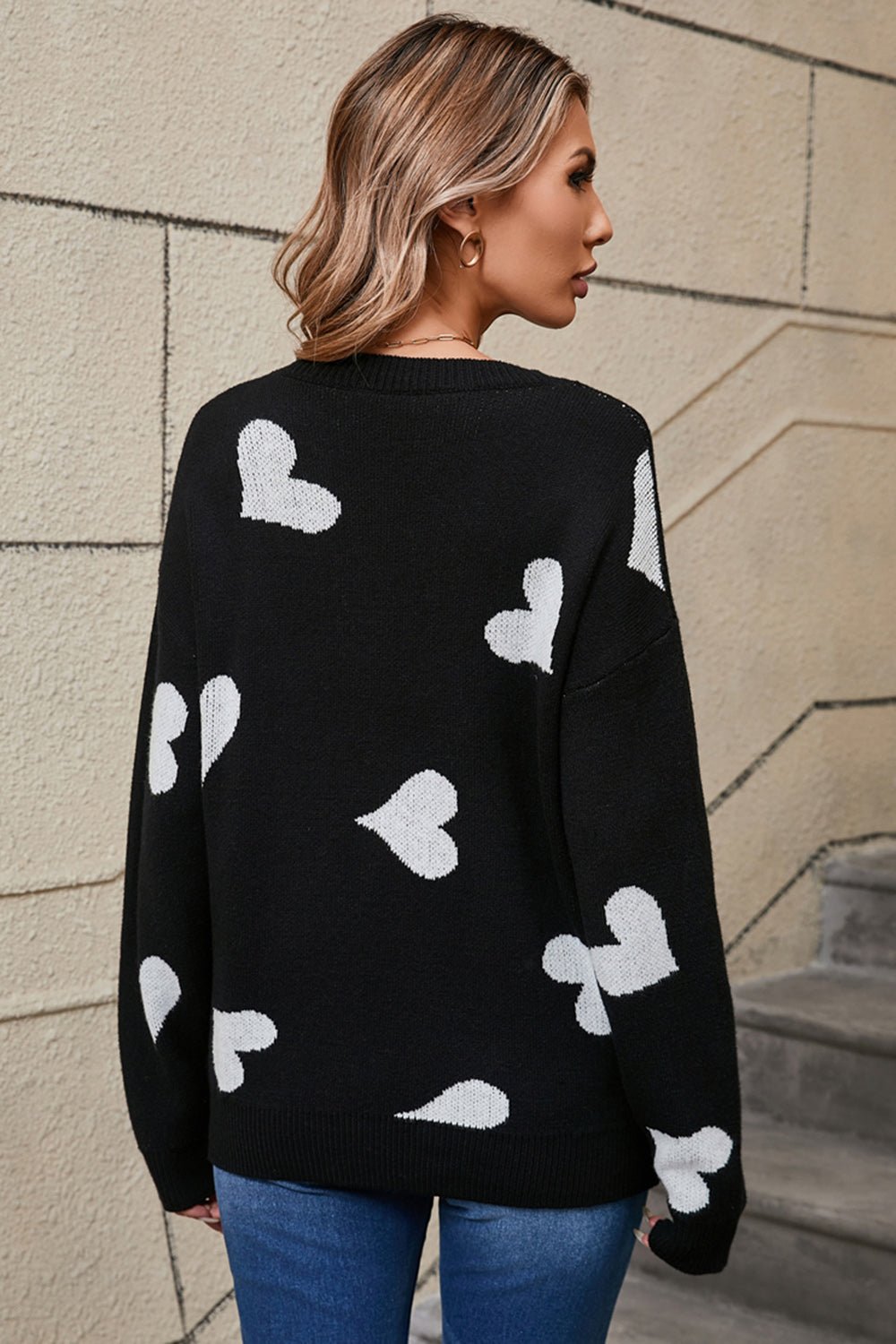 Angel Wings Heart Round Neck Dropped Shoulder Sweater - Loulou Boutique