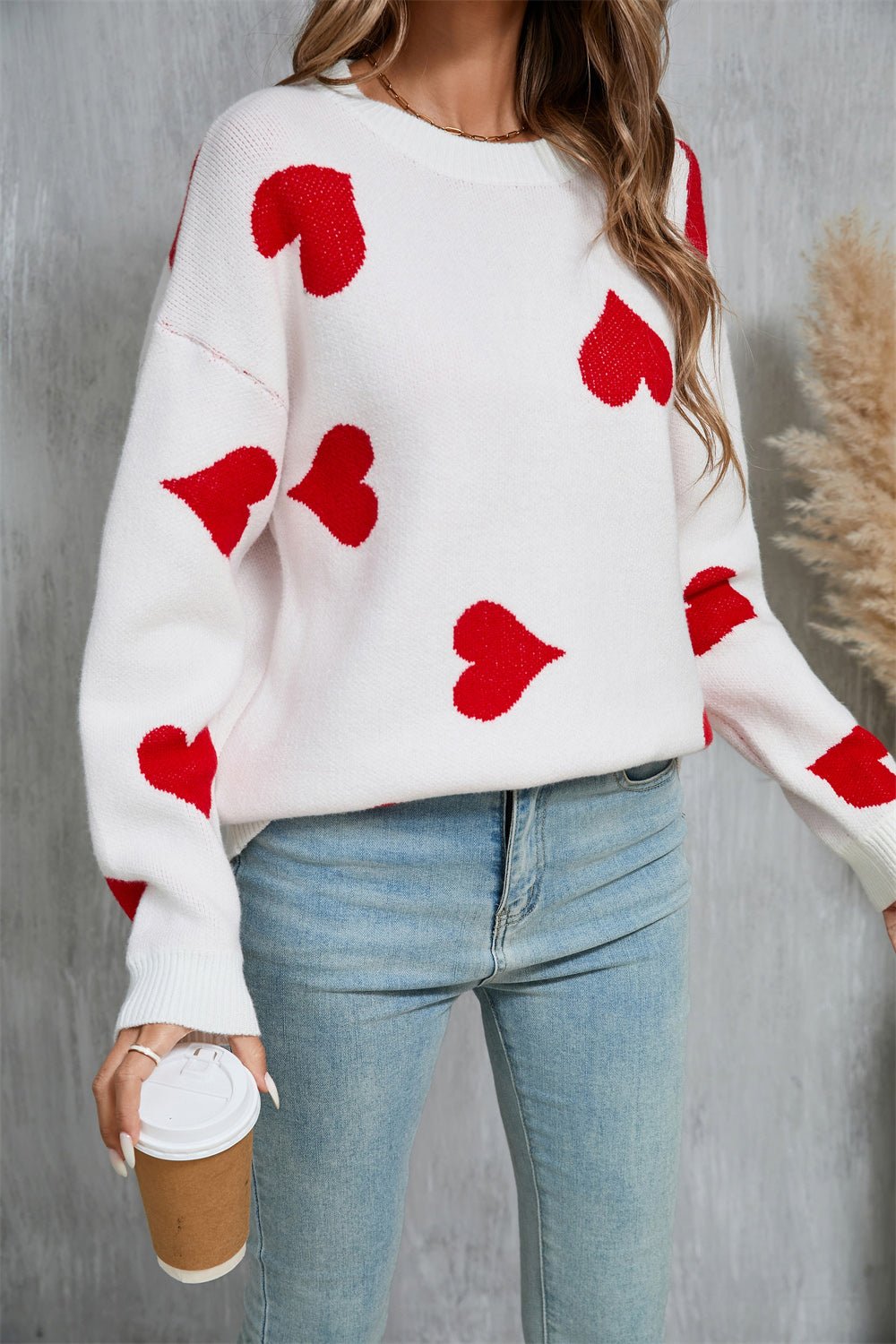 Angel Wings Heart Round Neck Dropped Shoulder Sweater - Loulou Boutique