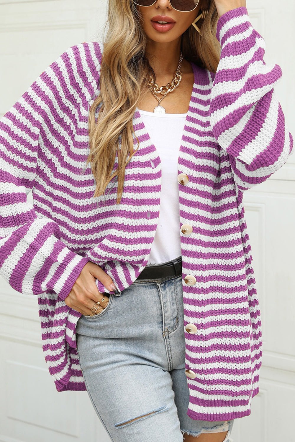 Angel Wings Striped Button Up Long Sleeve Cardigan - Loulou Boutique