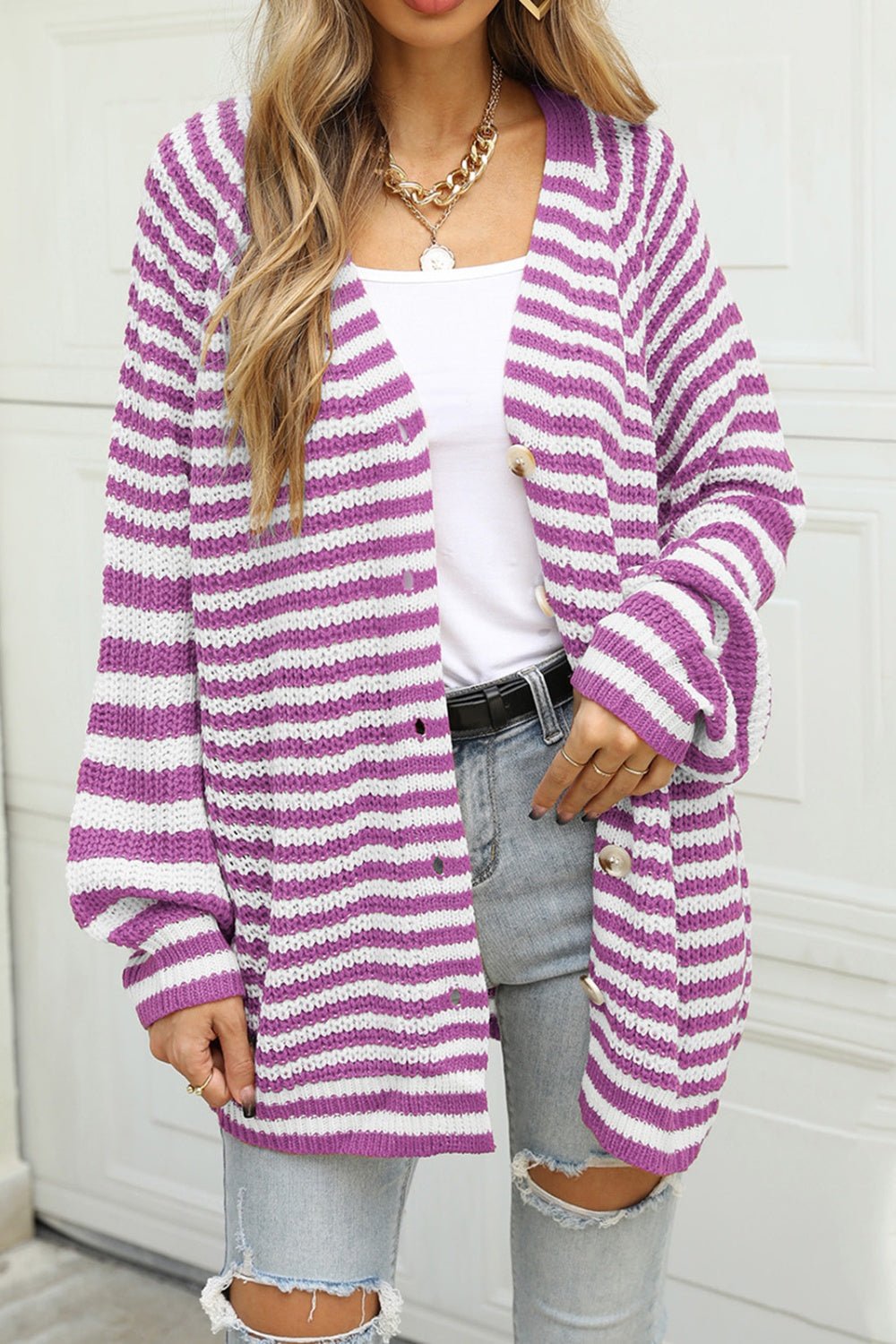Angel Wings Striped Button Up Long Sleeve Cardigan - Loulou Boutique