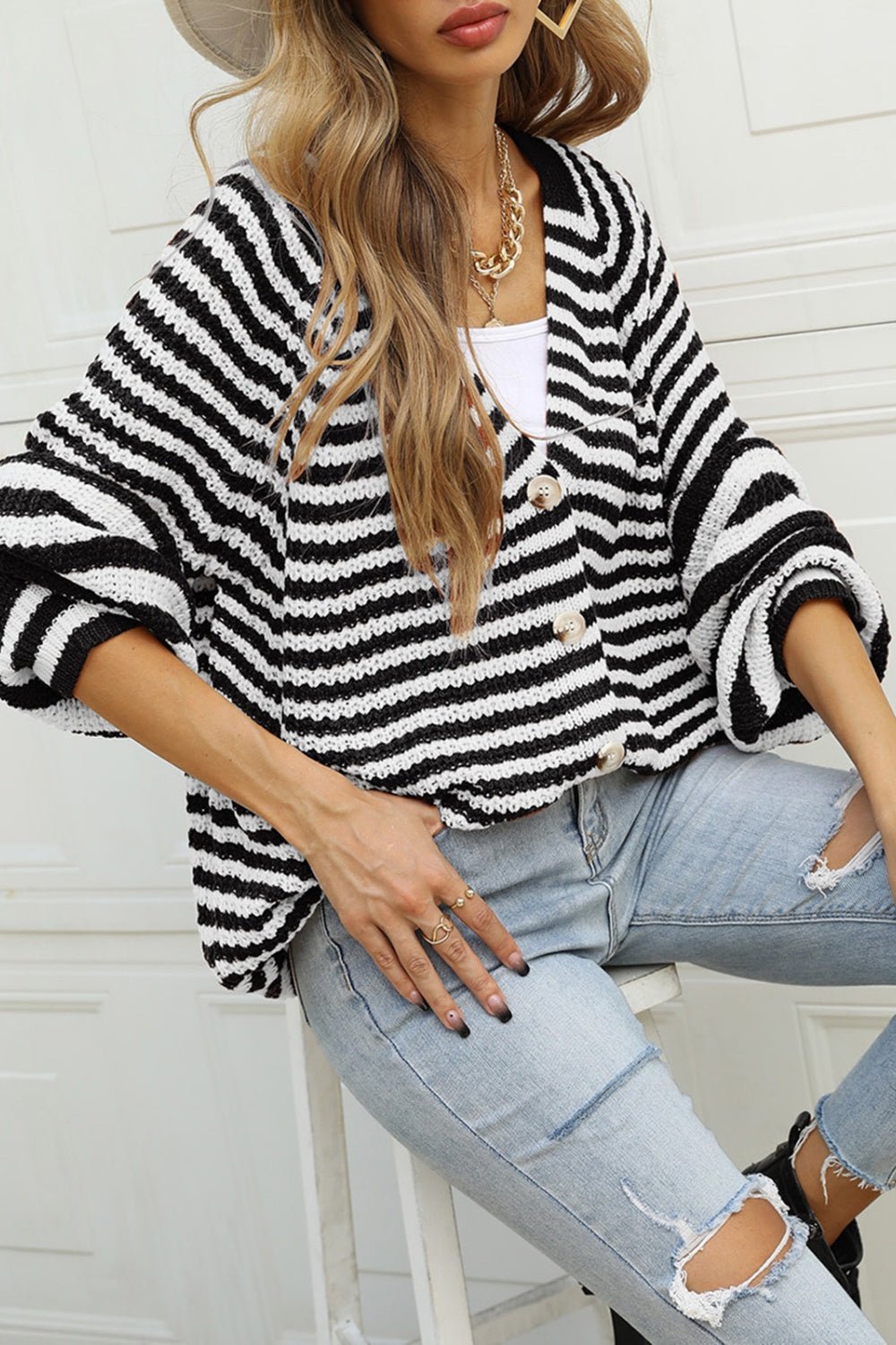 Angel Wings Striped Button Up Long Sleeve Cardigan - Loulou Boutique
