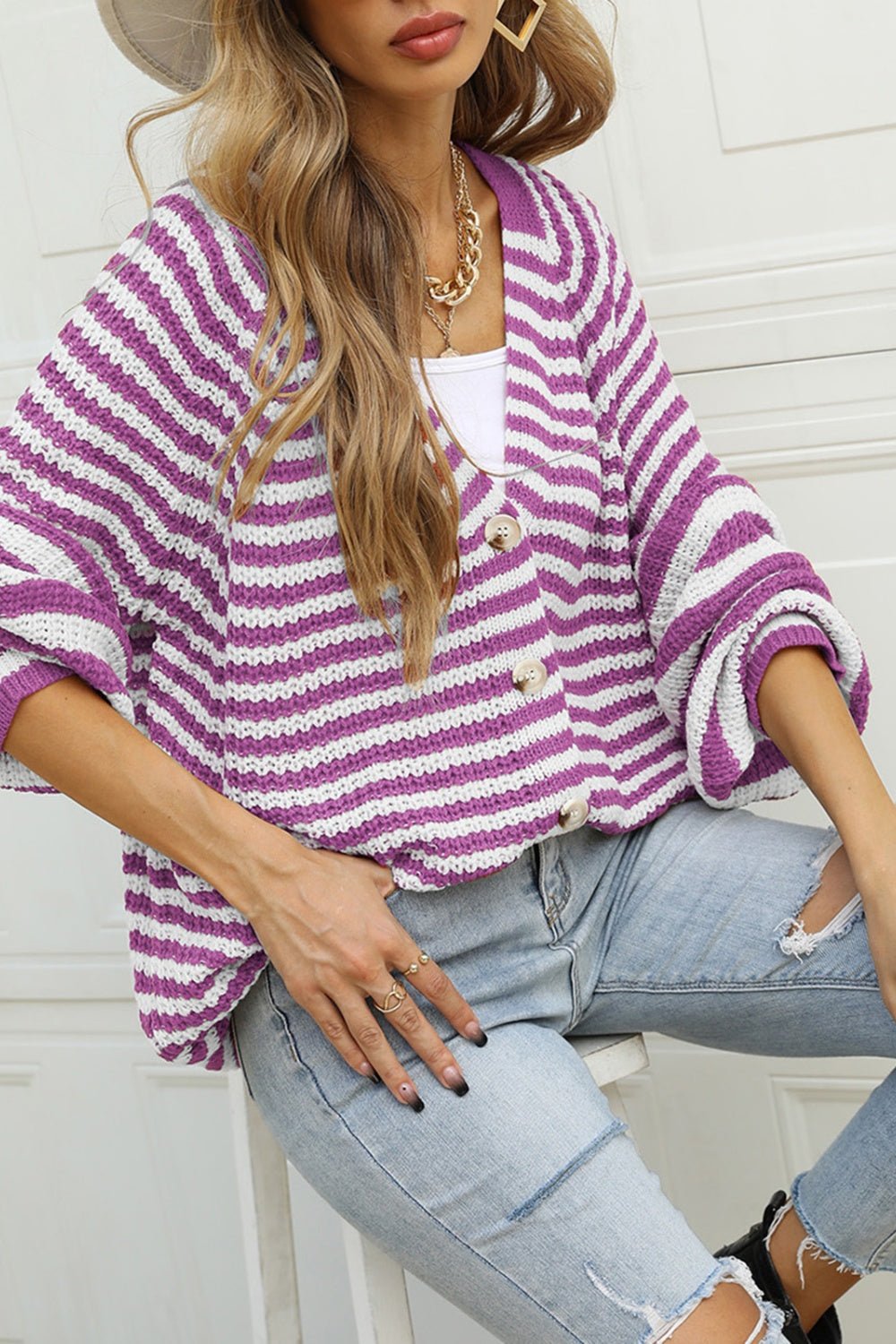 Angel Wings Striped Button Up Long Sleeve Cardigan - Loulou Boutique