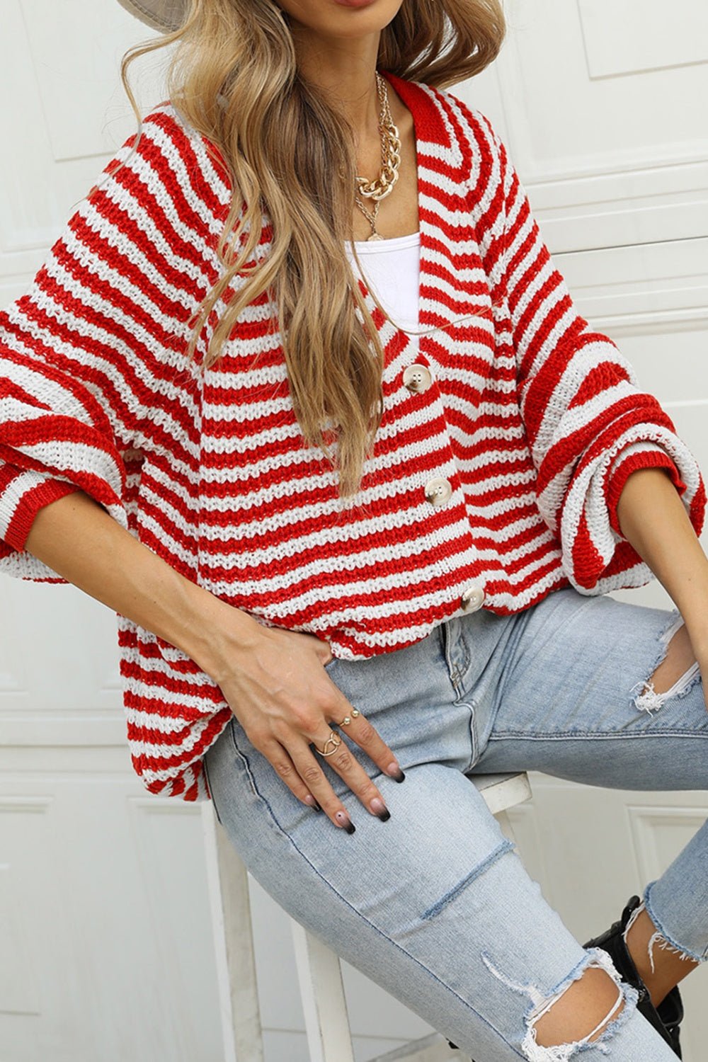 Angel Wings Striped Button Up Long Sleeve Cardigan - Loulou Boutique