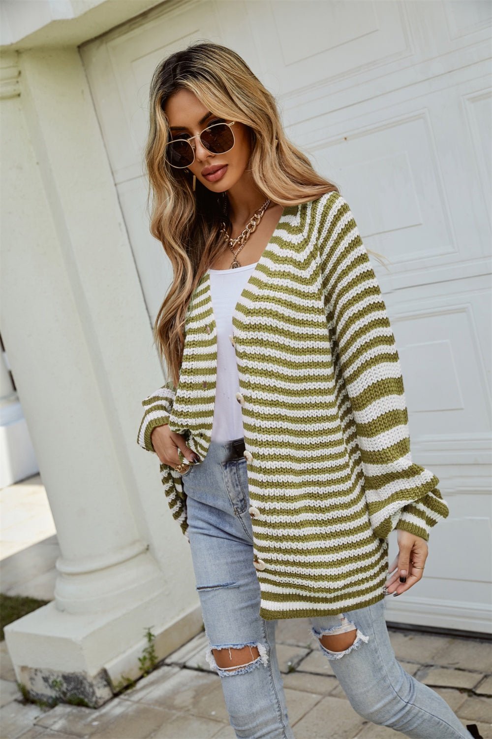 Angel Wings Striped Button Up Long Sleeve Cardigan - Loulou Boutique