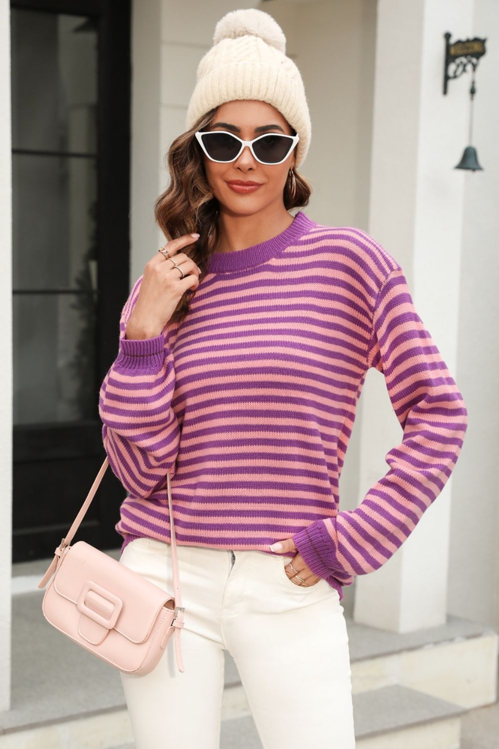 Angel Wings Striped Round Neck Dropped Shoulder Sweater - Loulou Boutique