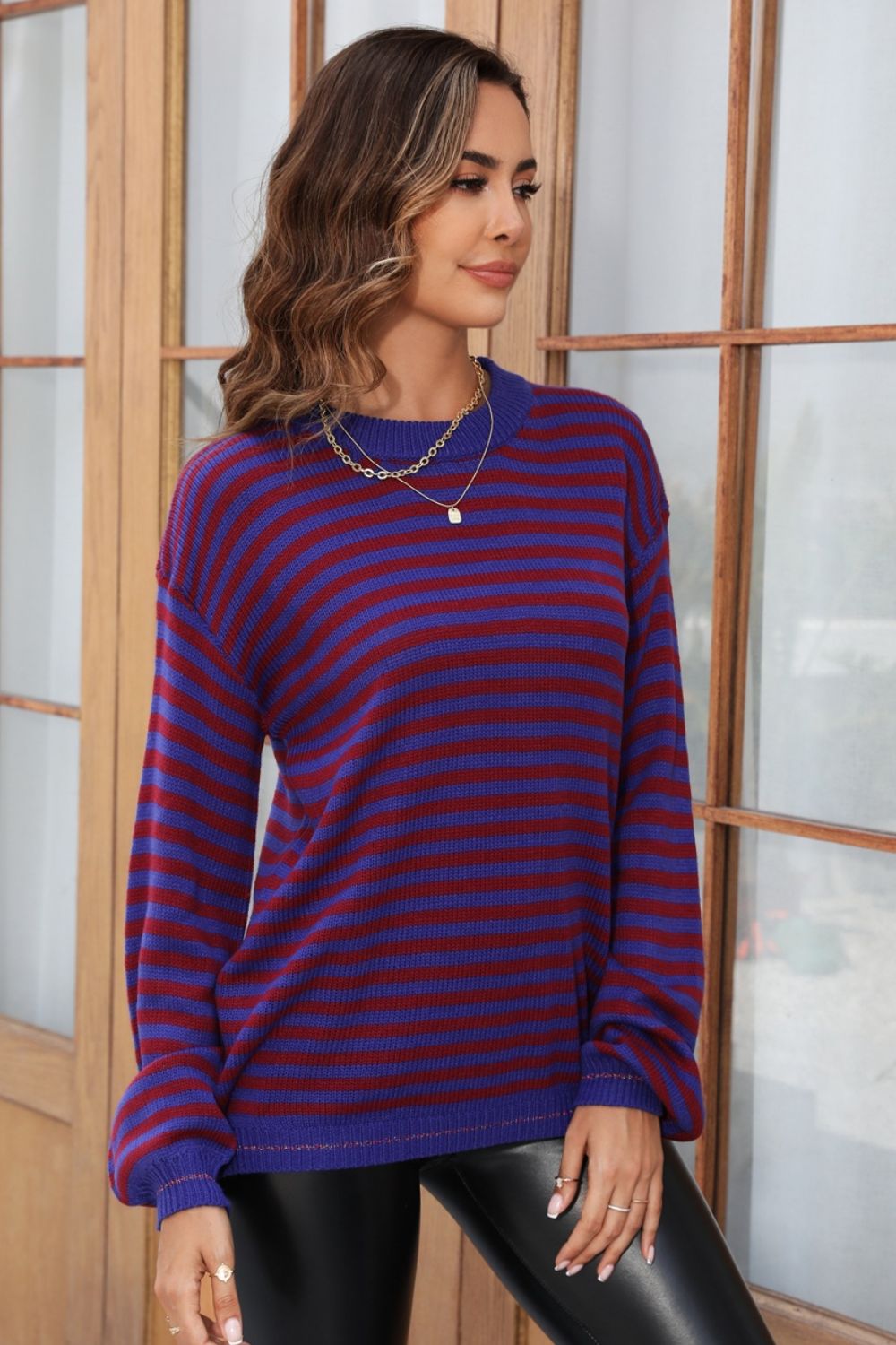 Angel Wings Striped Round Neck Dropped Shoulder Sweater - Loulou Boutique