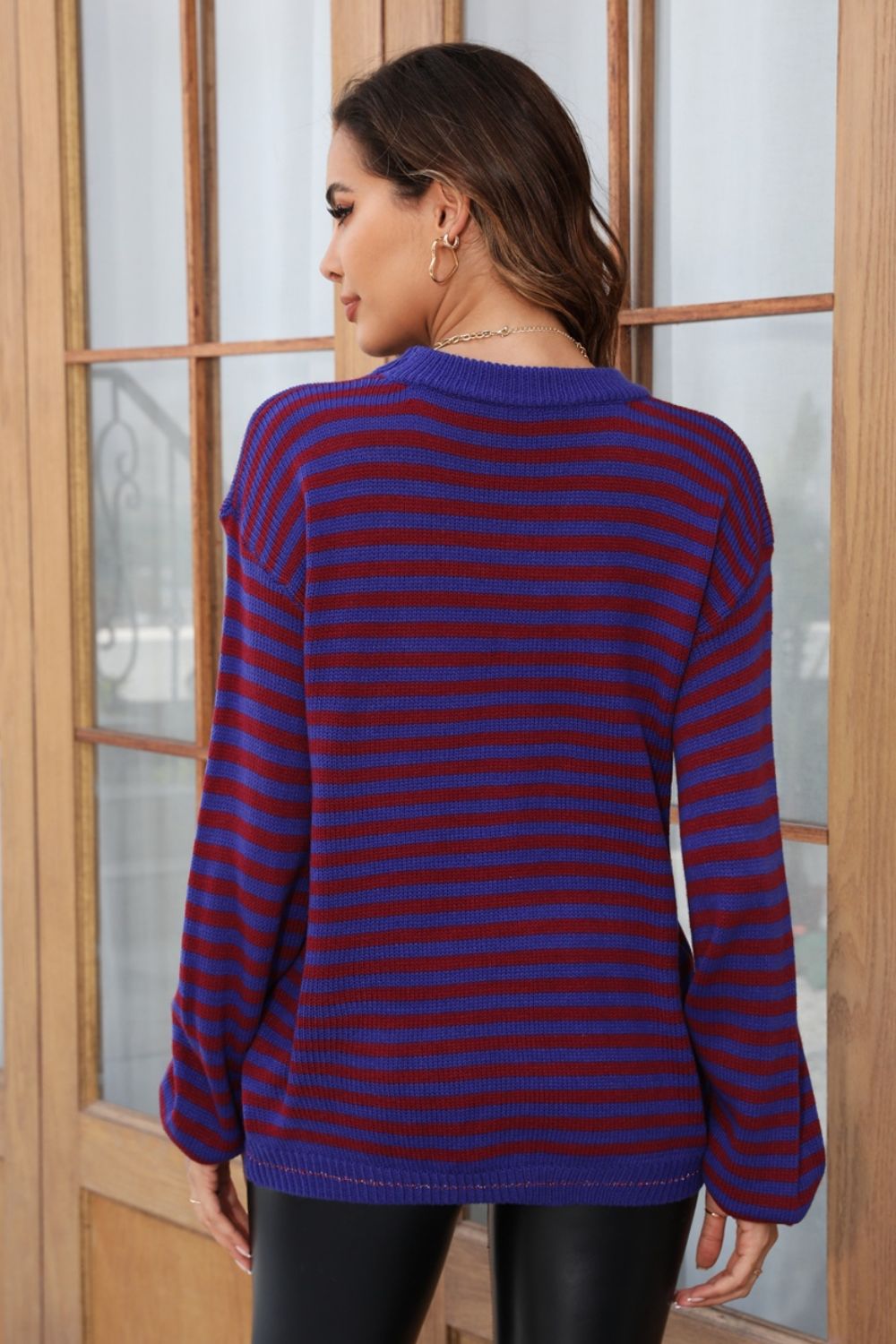 Angel Wings Striped Round Neck Dropped Shoulder Sweater - Loulou Boutique