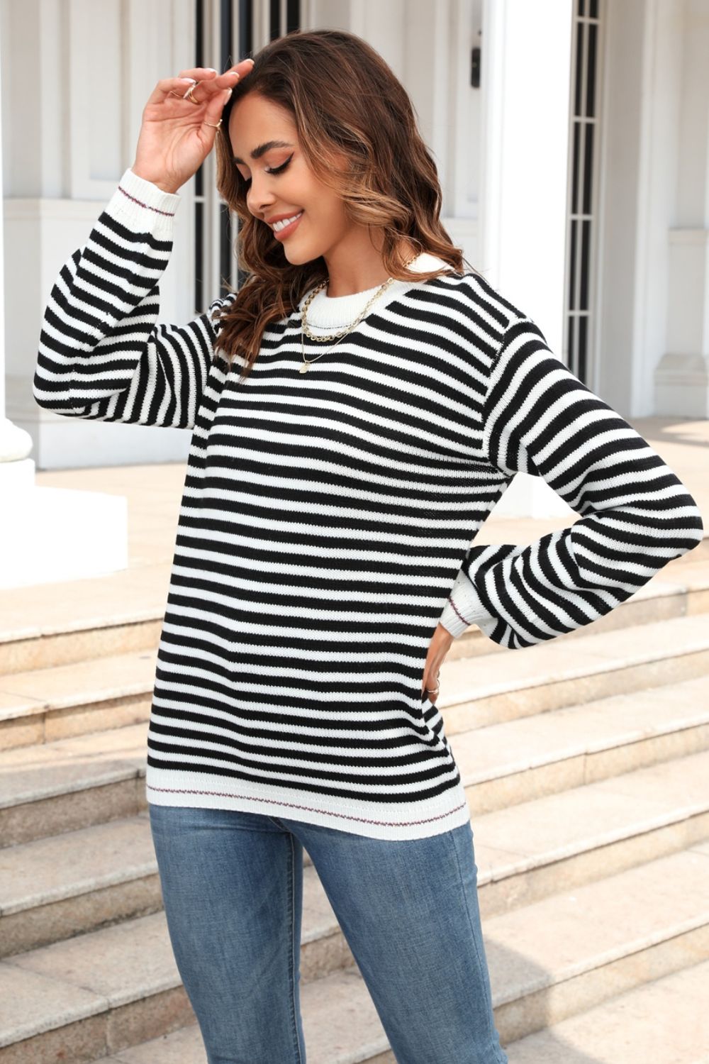 Angel Wings Striped Round Neck Dropped Shoulder Sweater - Loulou Boutique