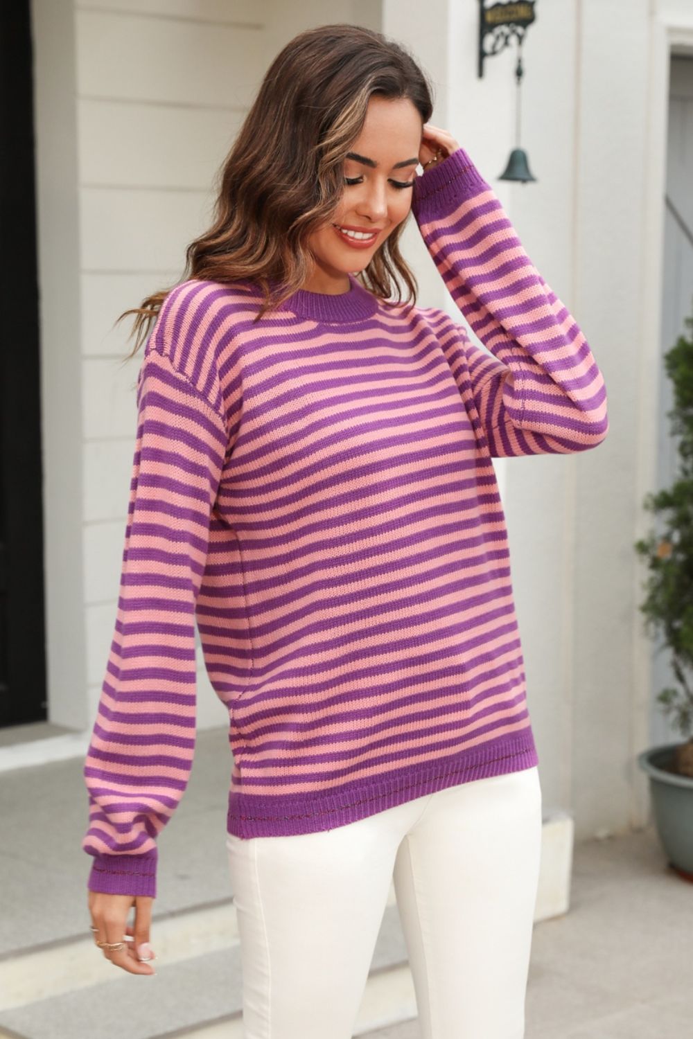 Angel Wings Striped Round Neck Dropped Shoulder Sweater - Loulou Boutique
