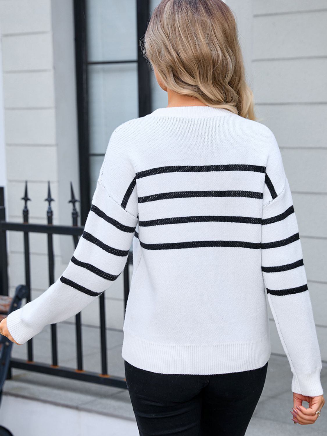Angel Wings Striped Round Neck Long Sleeve Sweater - Loulou Boutique