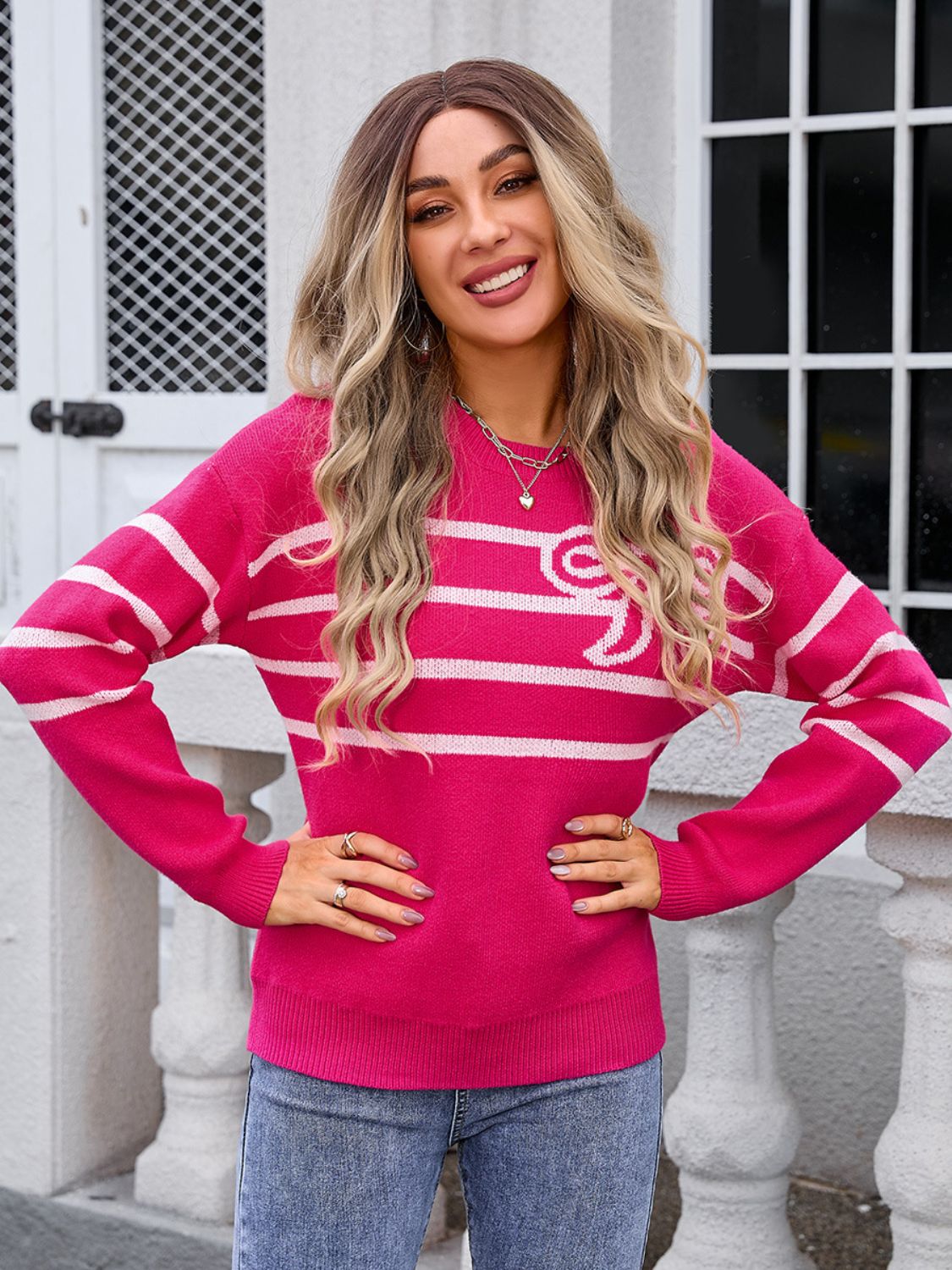 Angel Wings Striped Round Neck Long Sleeve Sweater - Loulou Boutique