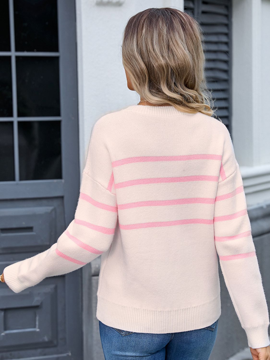Angel Wings Striped Round Neck Long Sleeve Sweater - Loulou Boutique