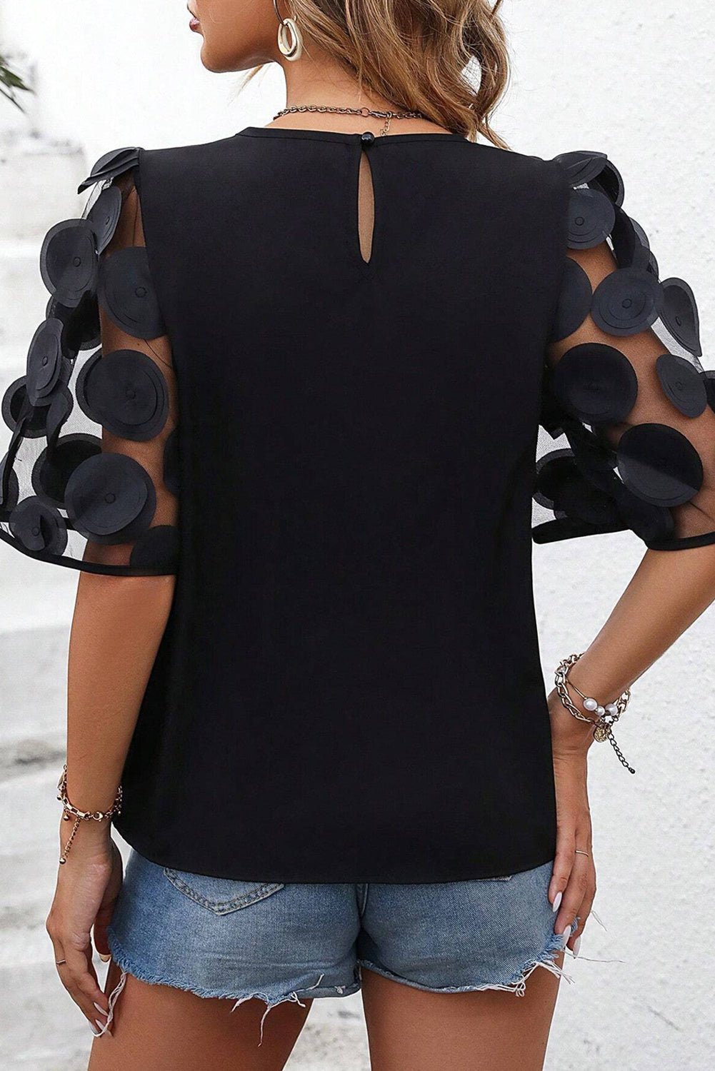 Applique Round Neck Half Sleeve Blouse - Loulou Boutique