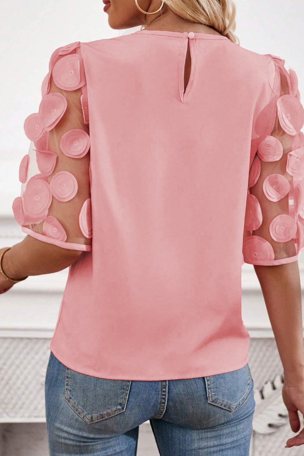Applique Round Neck Half Sleeve Blouse - Loulou Boutique