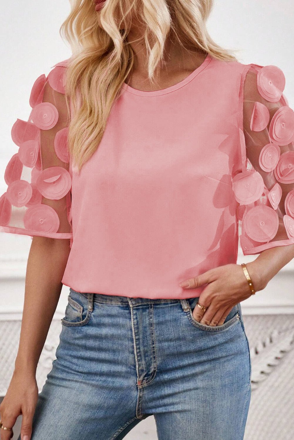 Applique Round Neck Half Sleeve Blouse - Loulou Boutique