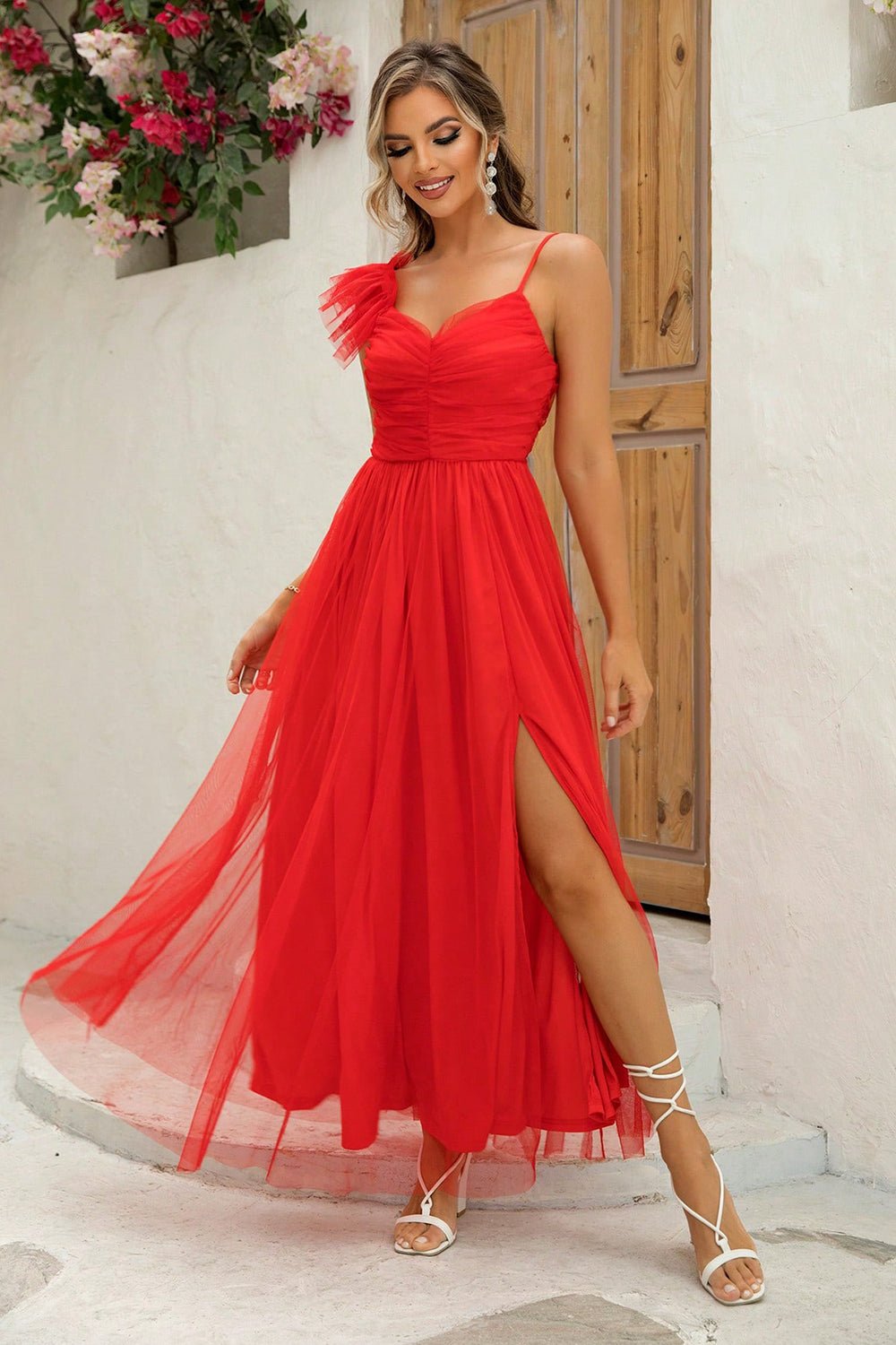 Asymmetrical Ruched Slit Dress - Loulou Boutique