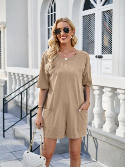 Backless Pocketed Round Neck Half Sleeve Romper - Loulou Boutique