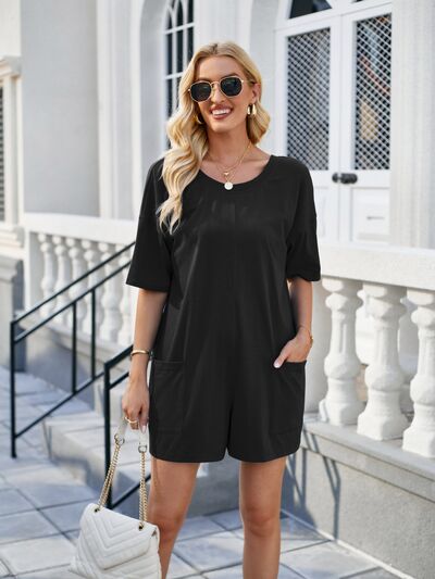 Backless Pocketed Round Neck Half Sleeve Romper - Loulou Boutique